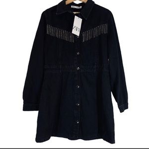 NWT Zara Denim Fringe Long Sleeve Dress Size Small
